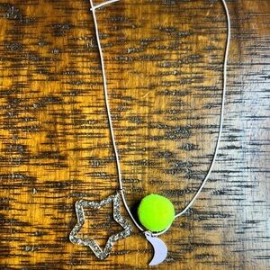 Star and Moon Kids Necklace with Neon Green Pom Pom